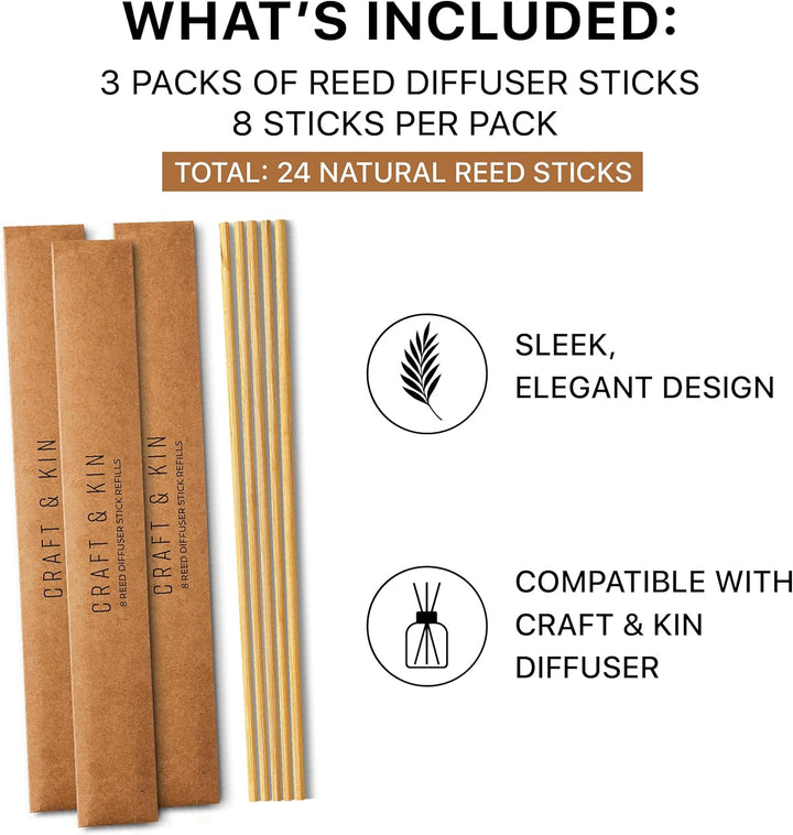 Craft & Kin Reed Diffuser Sticks – 3 Pack of 8 Natural Rattan Sticks per Pouch