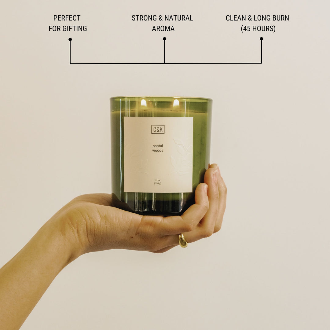 Image of Green Premium Soy Candle - that shows it's perfect for gifting, with a strong aroma and long 45 hour burn