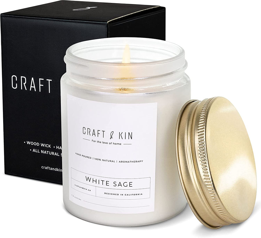 Image of White Sage Aromatherapy Soy Scented Candle with Black Craft and Kin Box