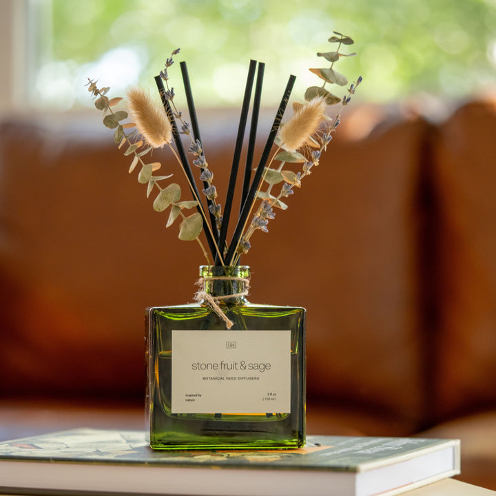 Green Glass Reed Diffuser with Flowers
