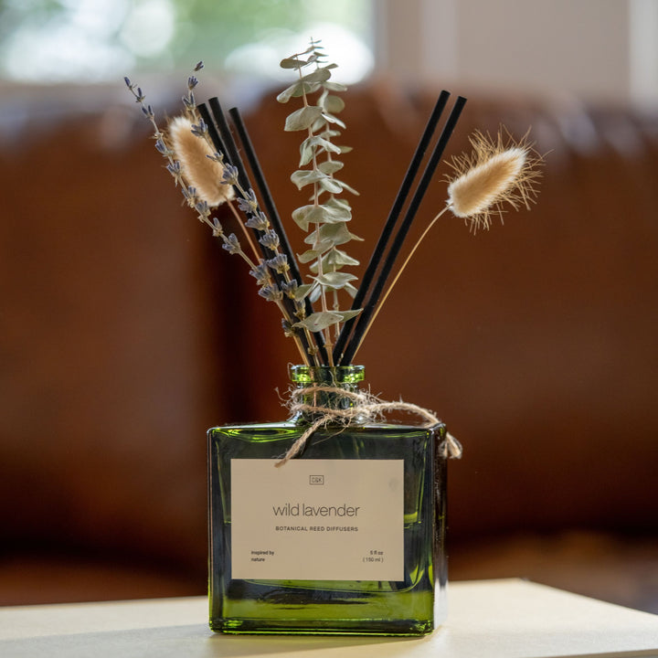 Green Glass Reed Diffuser with Flowers