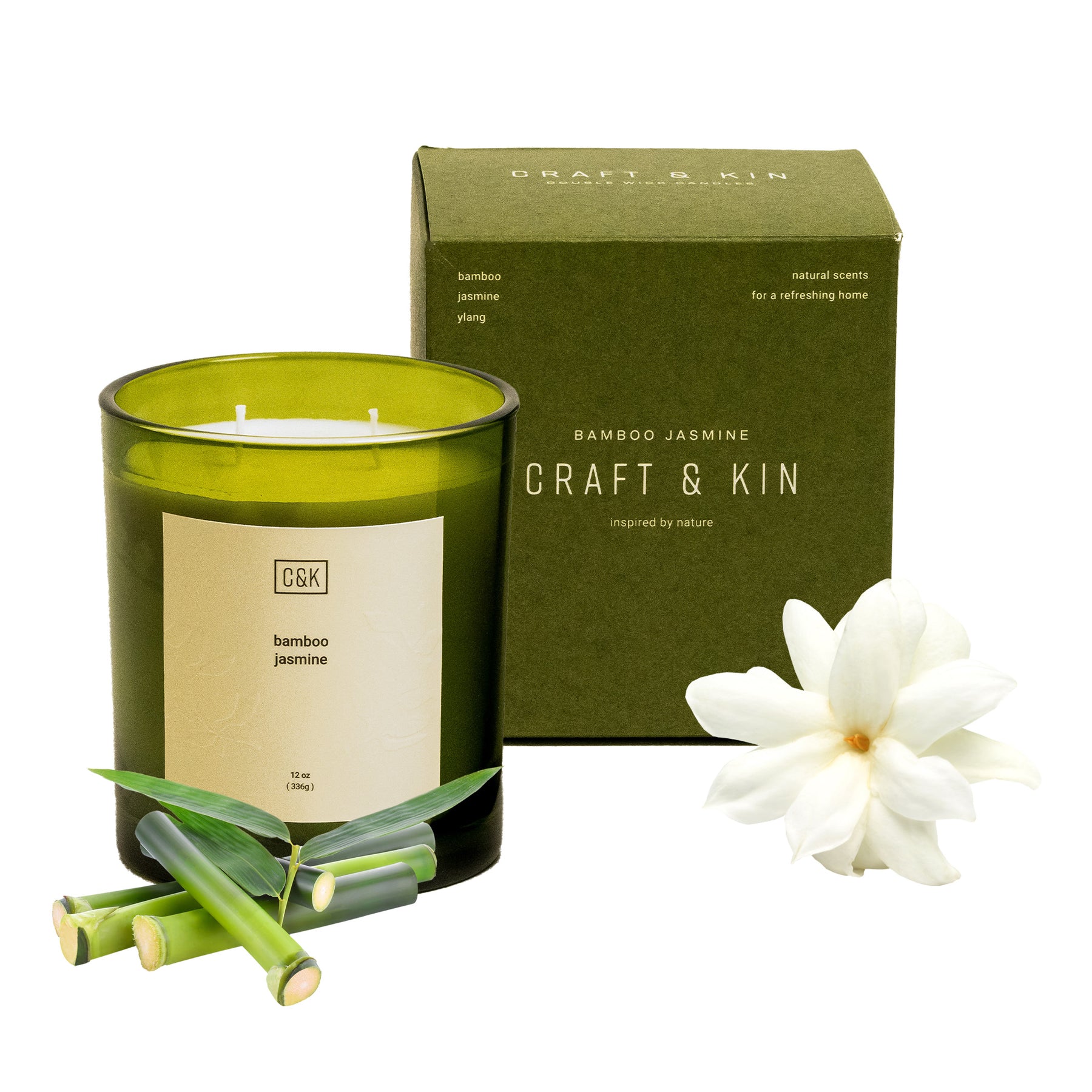 Kin Candle Bamboo Jasmine Premium Green Scented Candle | Craft & Kin