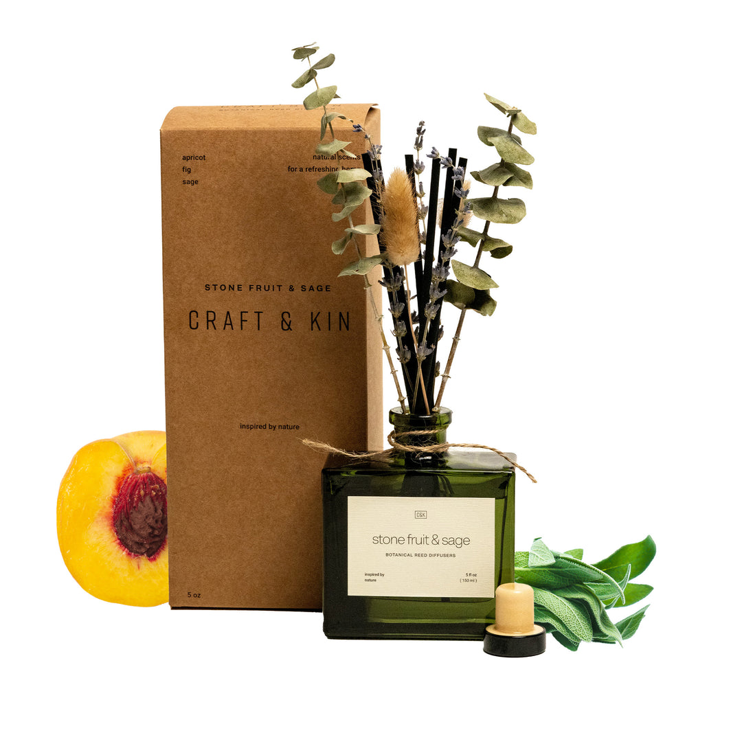 Image of Stone_Fruit_Sage_Flower_Diffuser with Brown Craft and Kin Packaging