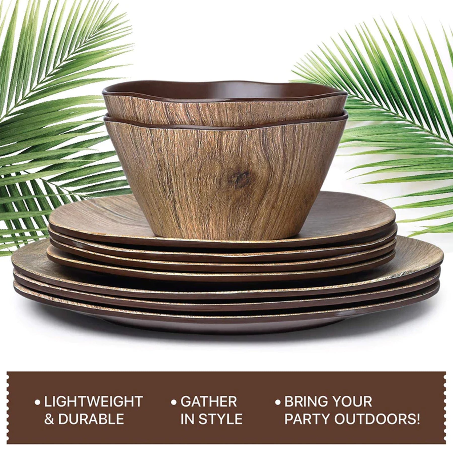 Benevolence 8 PCs Melamine Plastic Wood Grain Salad Plate & Bowl Set  Unbreakable